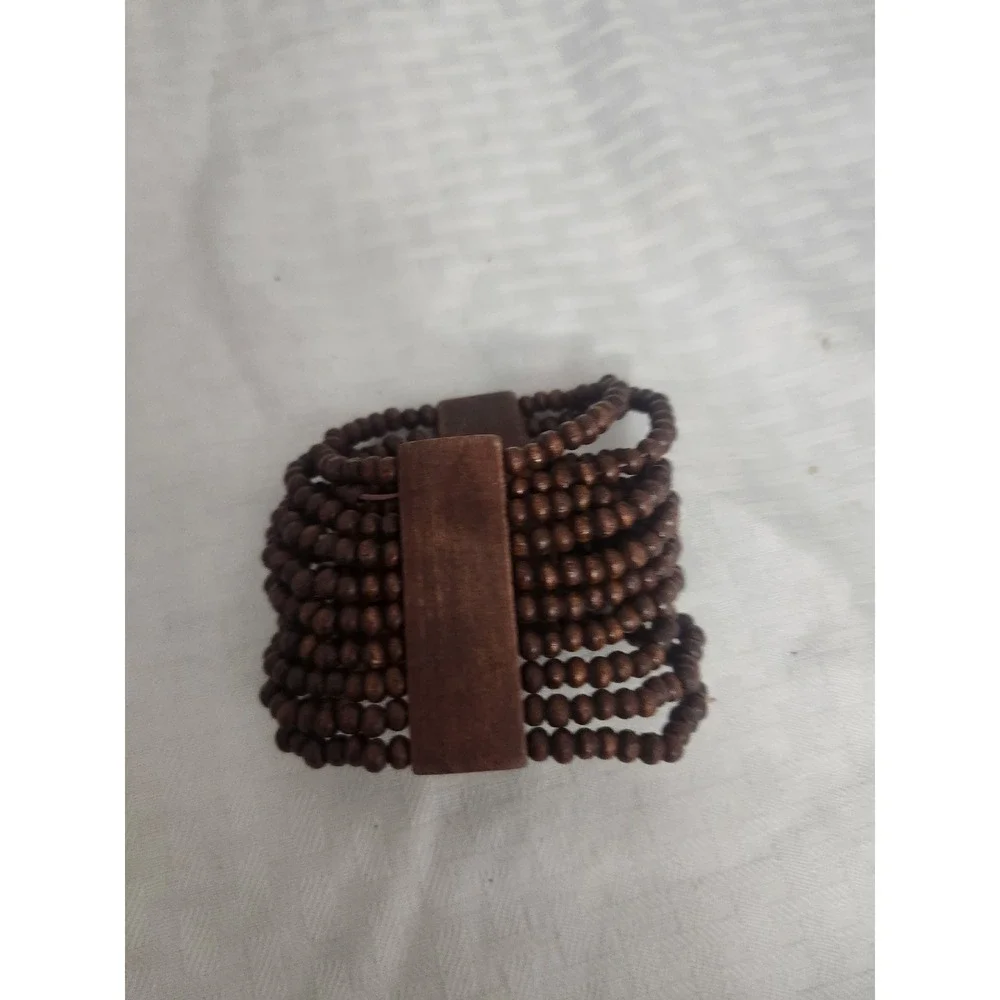 Boho Wide Multi Strand Brown Wood Bead Stretch Cuff Bracelet with Spacer Bars